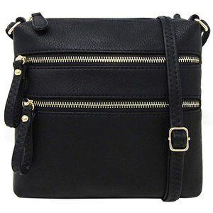 Black Multi-Pocket Double Zipper Purse Crossbody